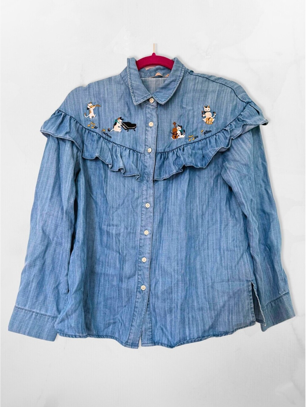 Miss Patina Light Blue Denim Button Down Shirt with Embroidered Cats, Size M